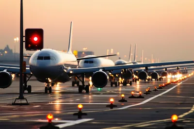 Commercial Airplanes Queuing on Airport Runway at Sunset