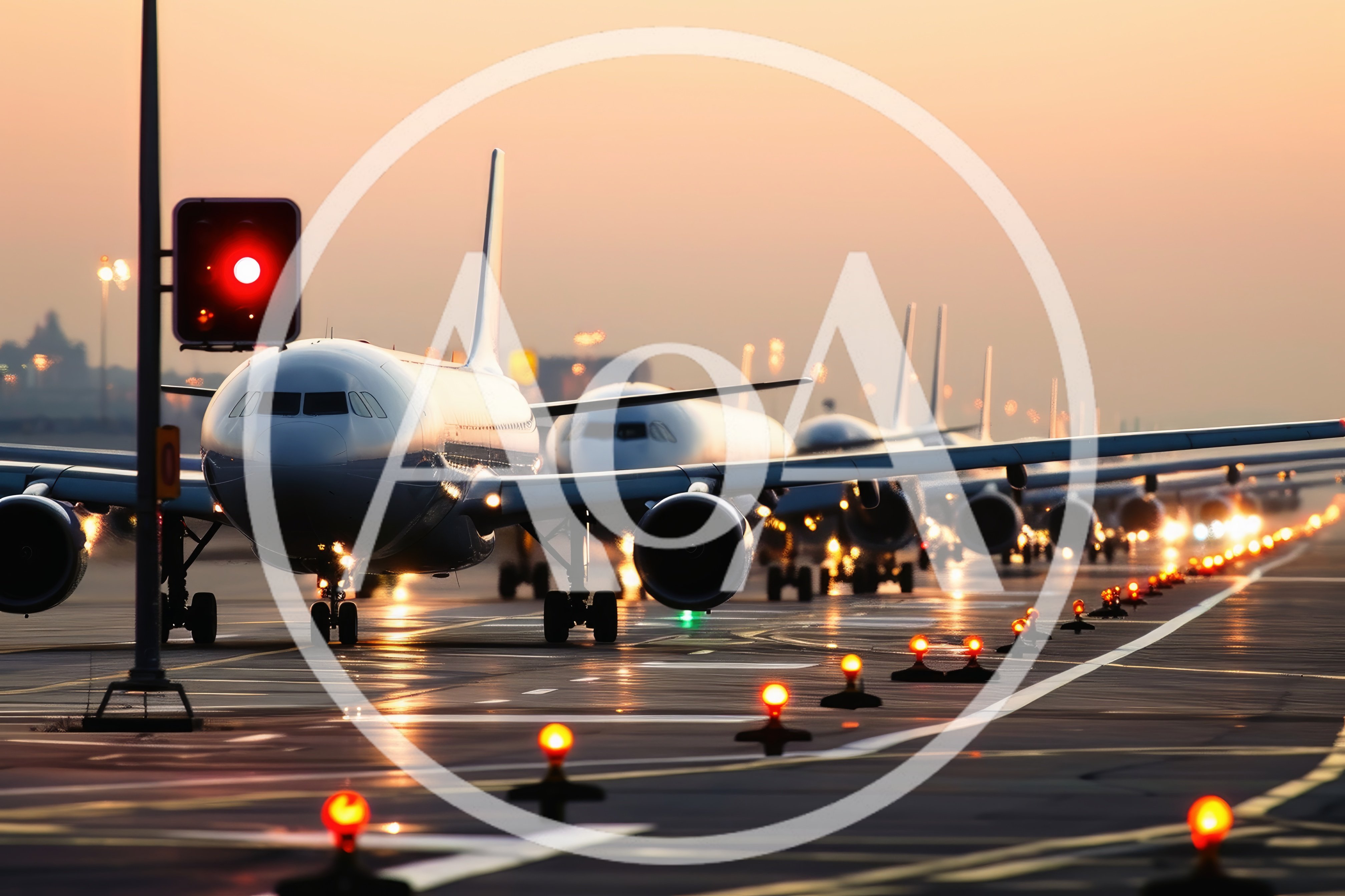Commercial Airplanes Queuing on Airport Runway at Sunset