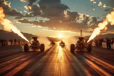 Top Fuel Dragsters Racing at Sunset