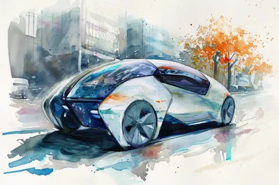 Watercolor Illustration Of A Futuristic Concept Car
