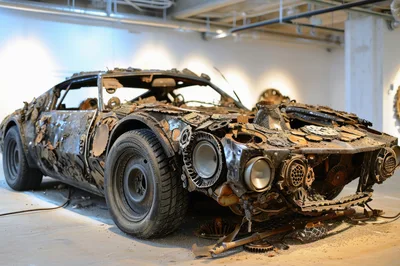 Damaged Wrecked Sports Car Sculpture In Art Gallery