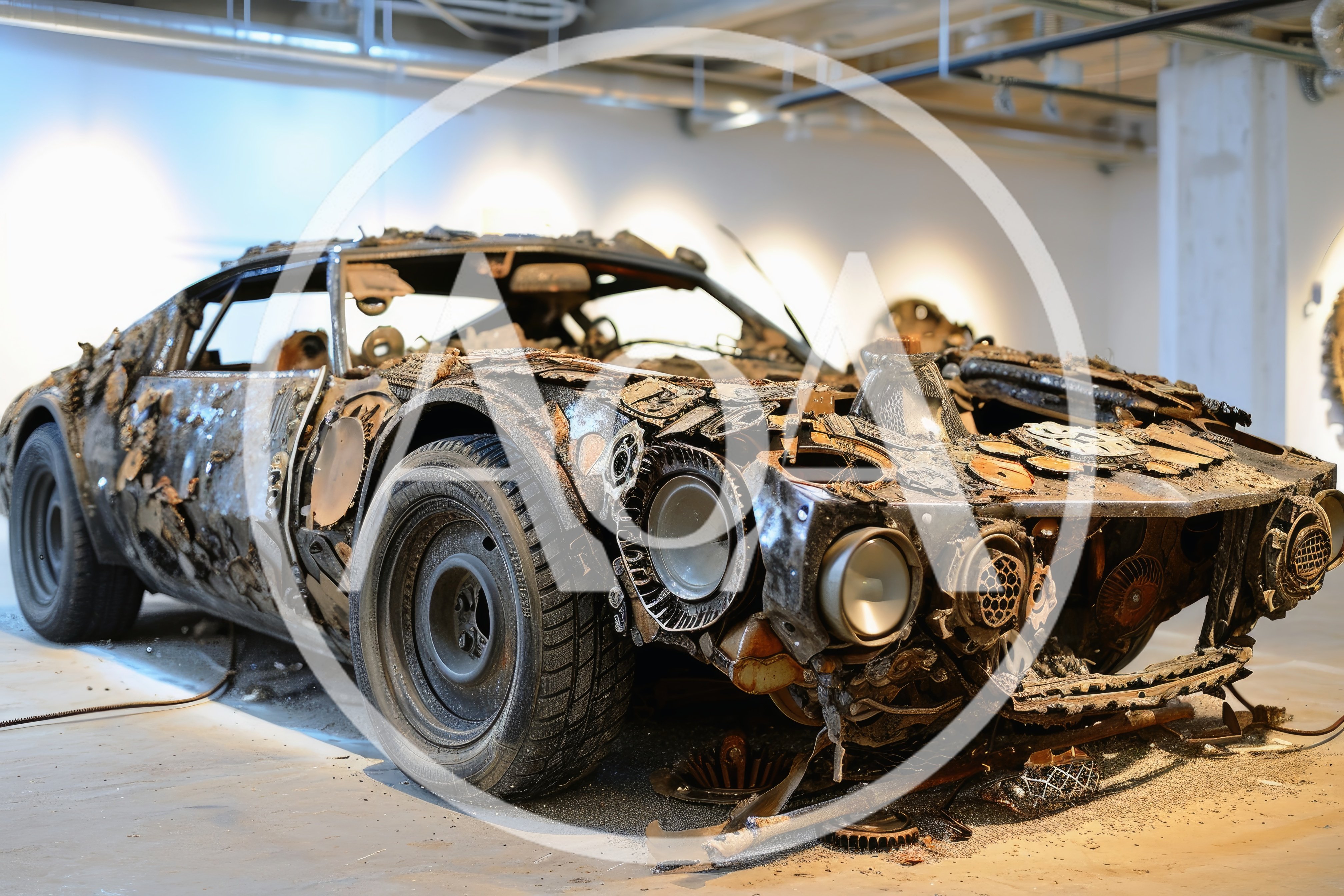 Damaged Wrecked Sports Car Sculpture In Art Gallery