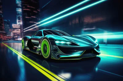Futuristic Sports Car Driving Through Neon Cityscape