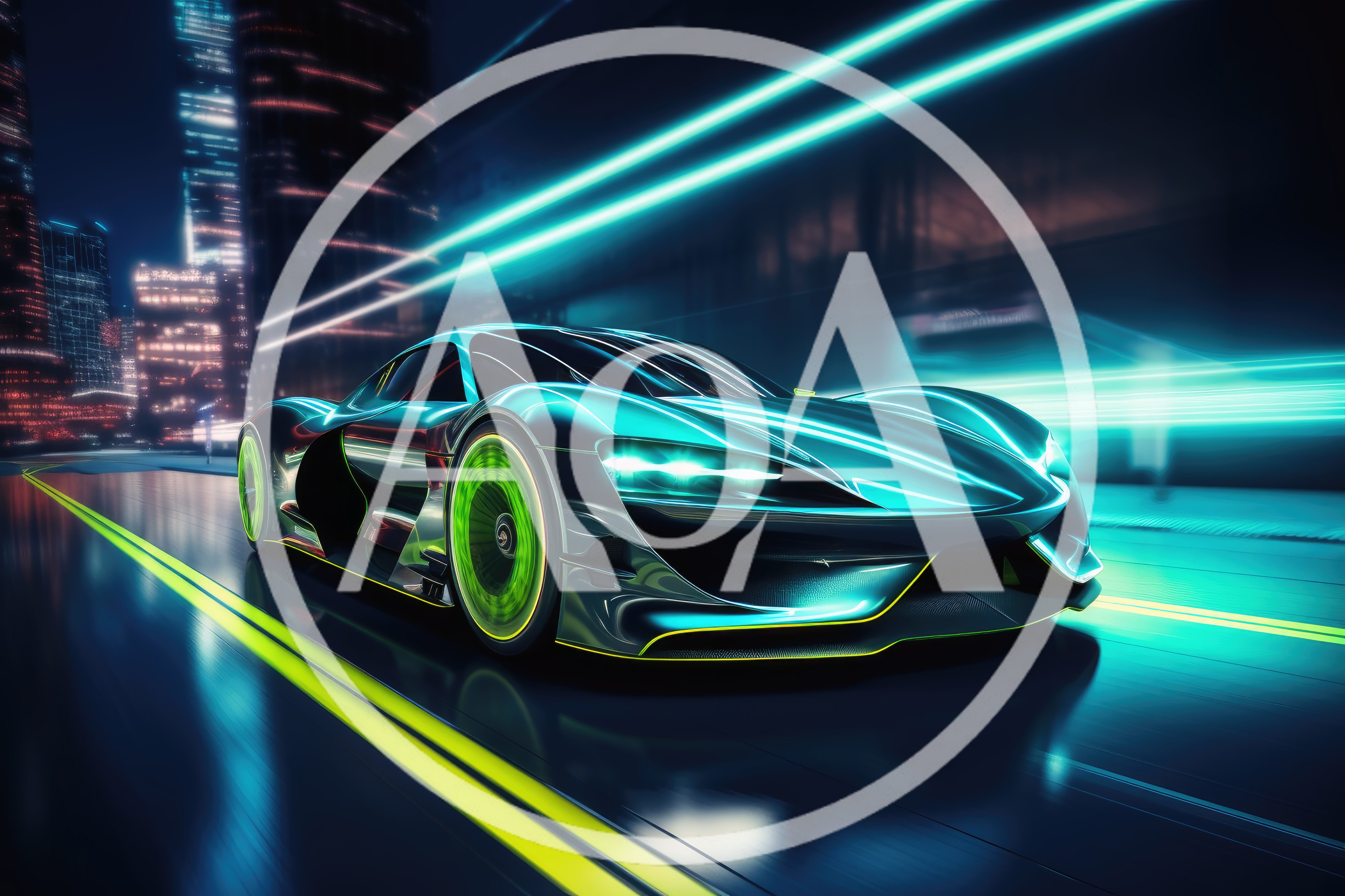 Futuristic Sports Car Driving Through Neon Cityscape