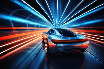 Futuristic Sports Car Speeding Through Neon Tunnel