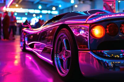 Chrome Supercar Displayed Under Vibrant Neon Lighting