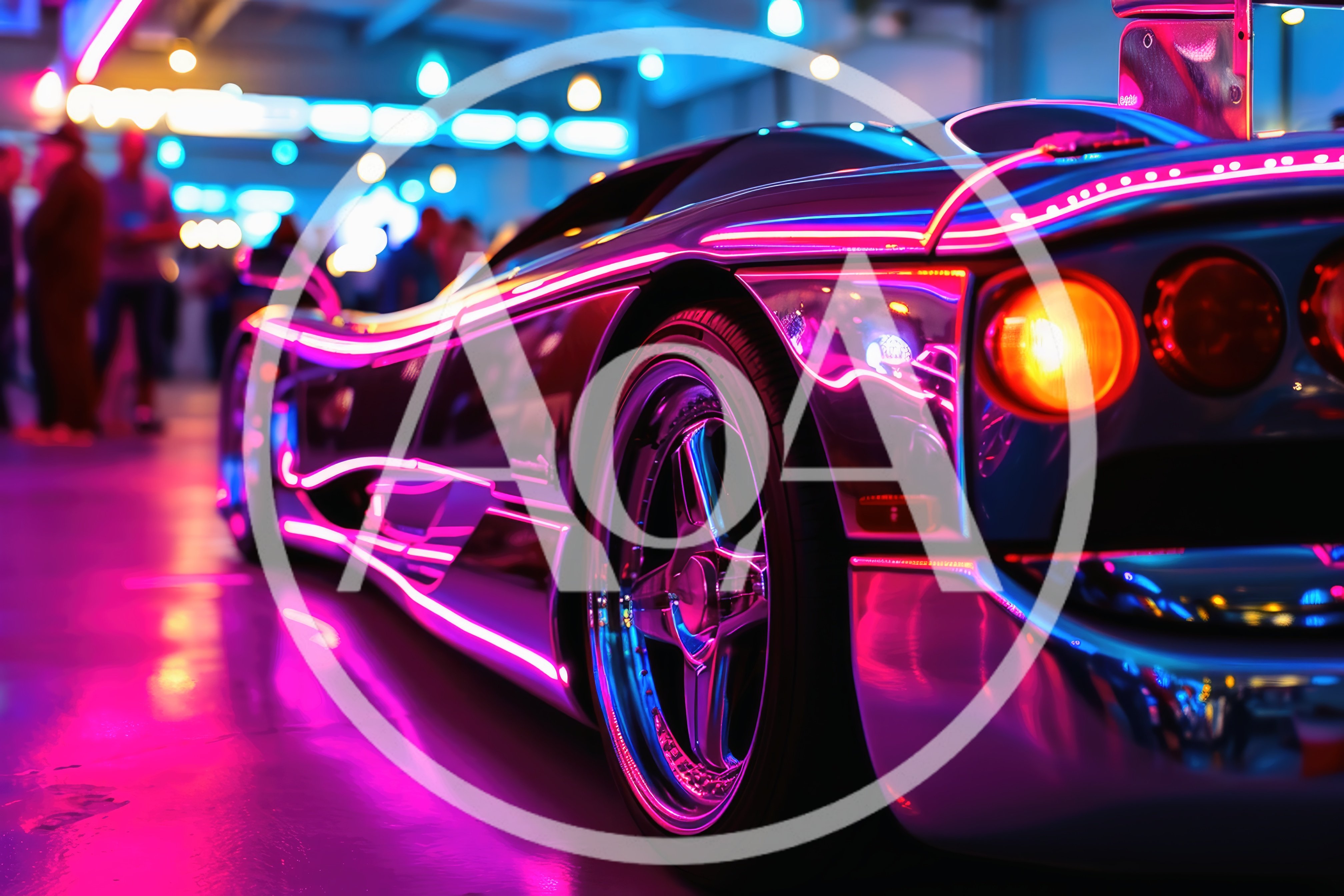 Chrome Supercar Displayed Under Vibrant Neon Lighting