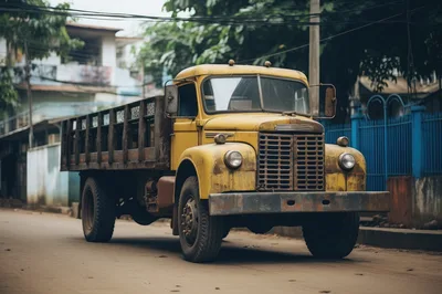 Vintage Yellow Flatbed Truck Parked On A Quiet Street