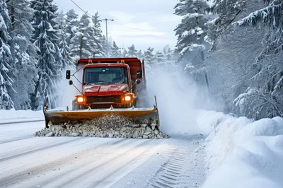 Orange Snowplow Clearing Snowy Road In Winter Forest