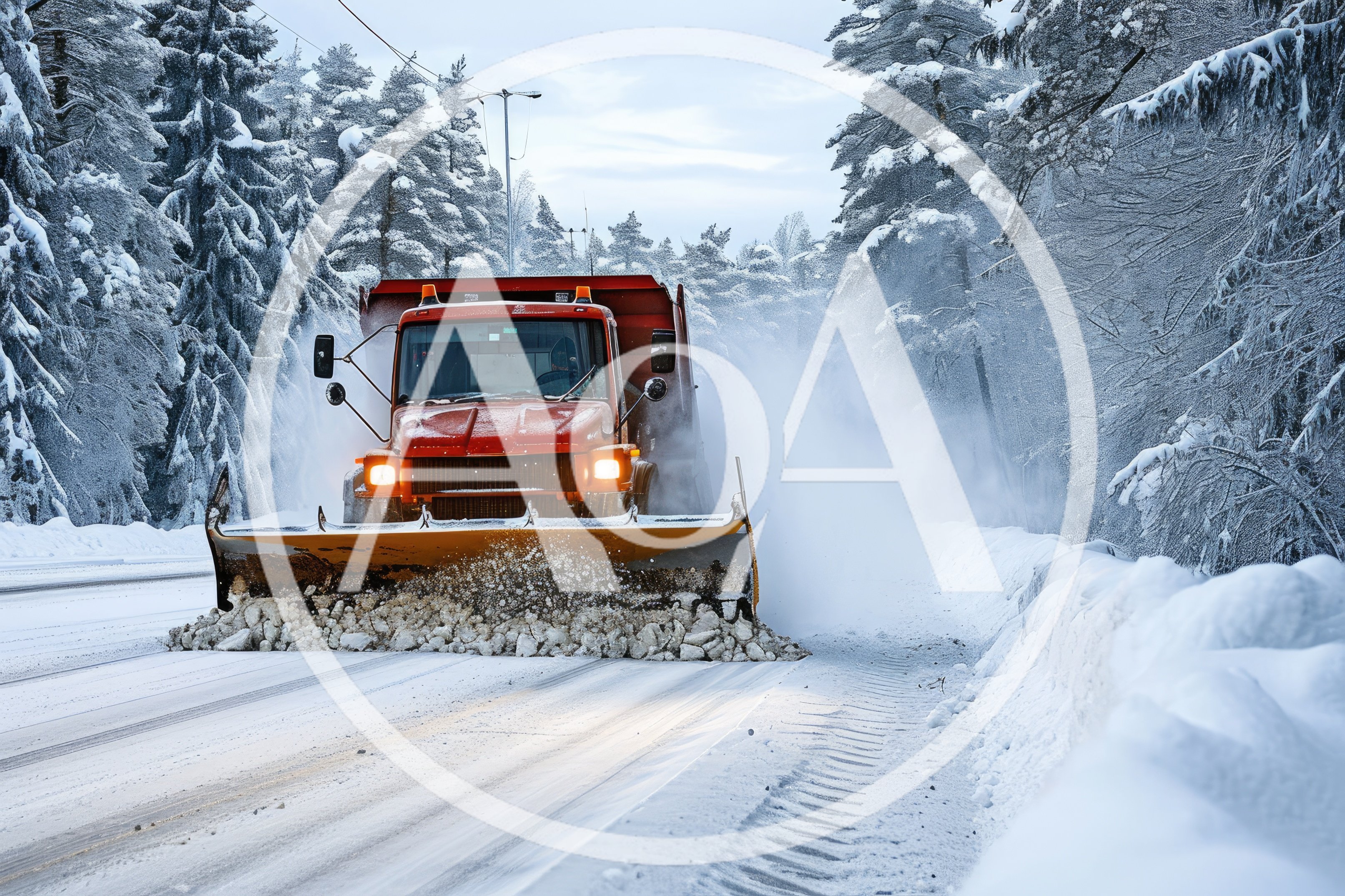 Orange Snowplow Clearing Snowy Road In Winter Forest