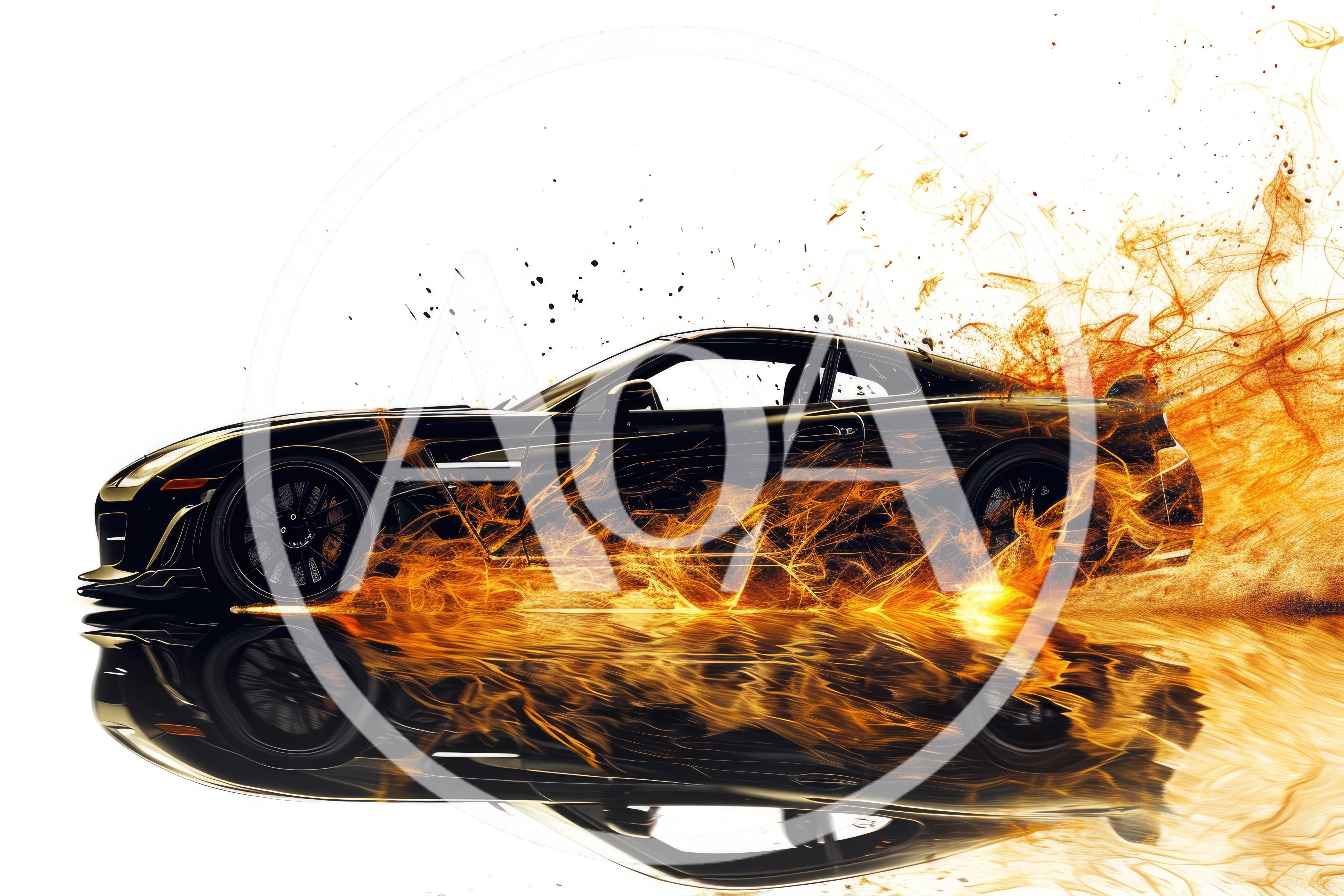 Black Sports Car Surrounded By Dynamic Fire Effects