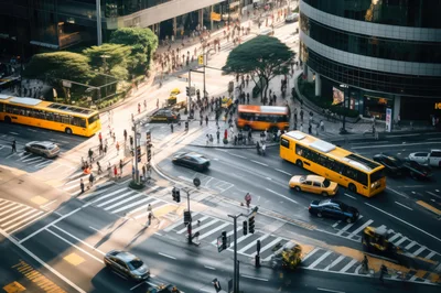 Aerial View Of Busy Urban Intersection With Traffic