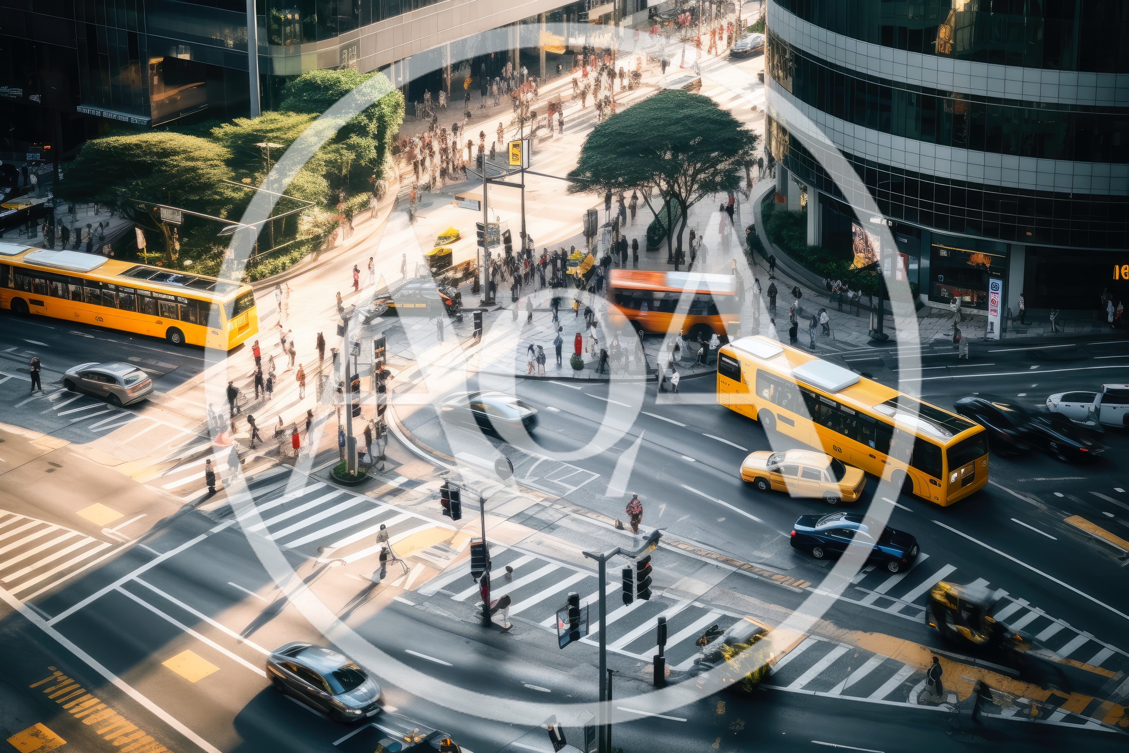 Aerial View Of Busy Urban Intersection With Traffic