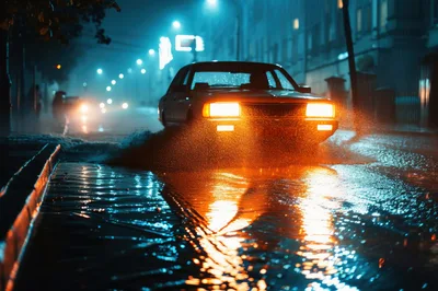 Car Driving Through Deep Puddle At Night