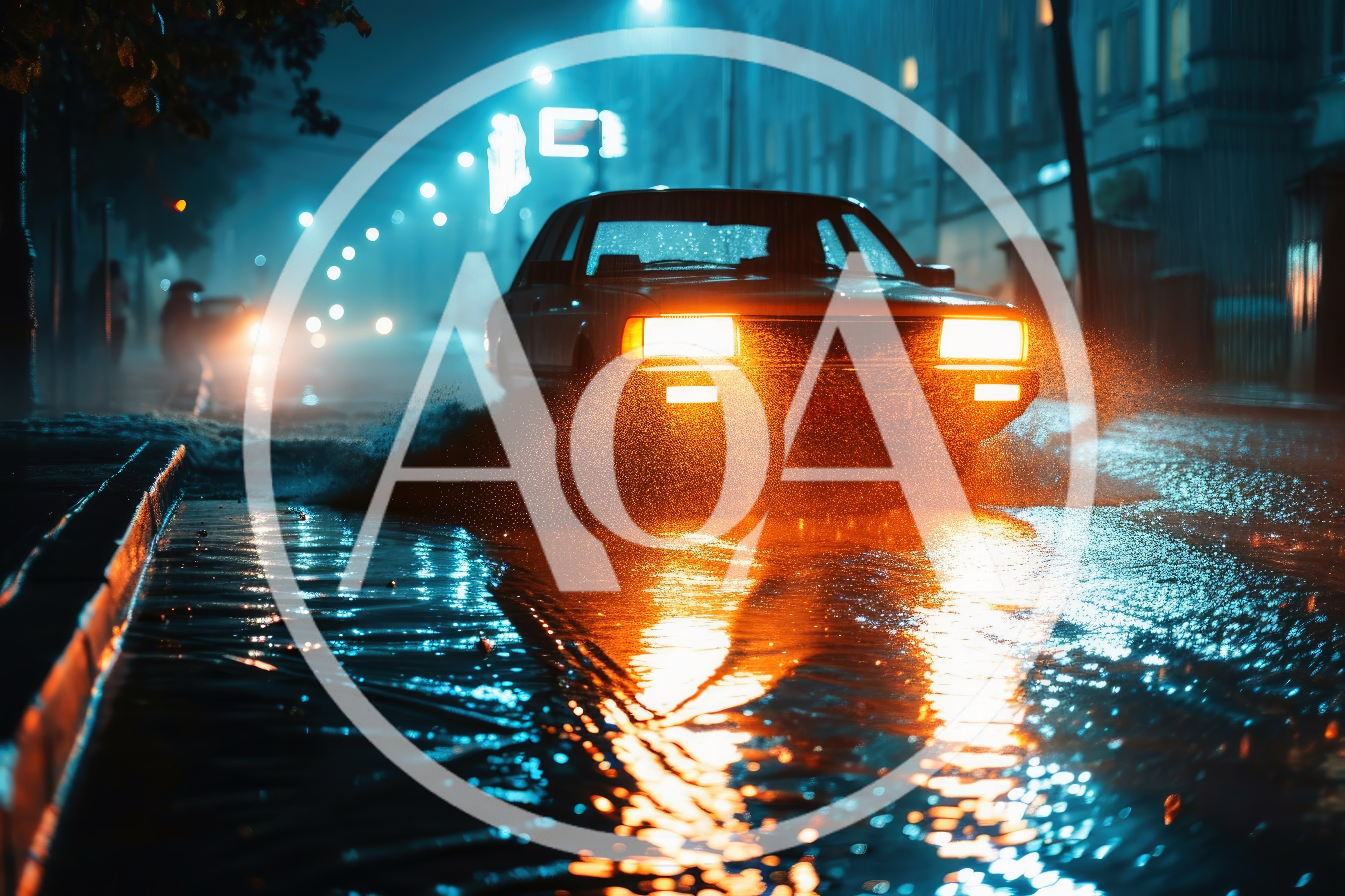 Car Driving Through Deep Puddle At Night