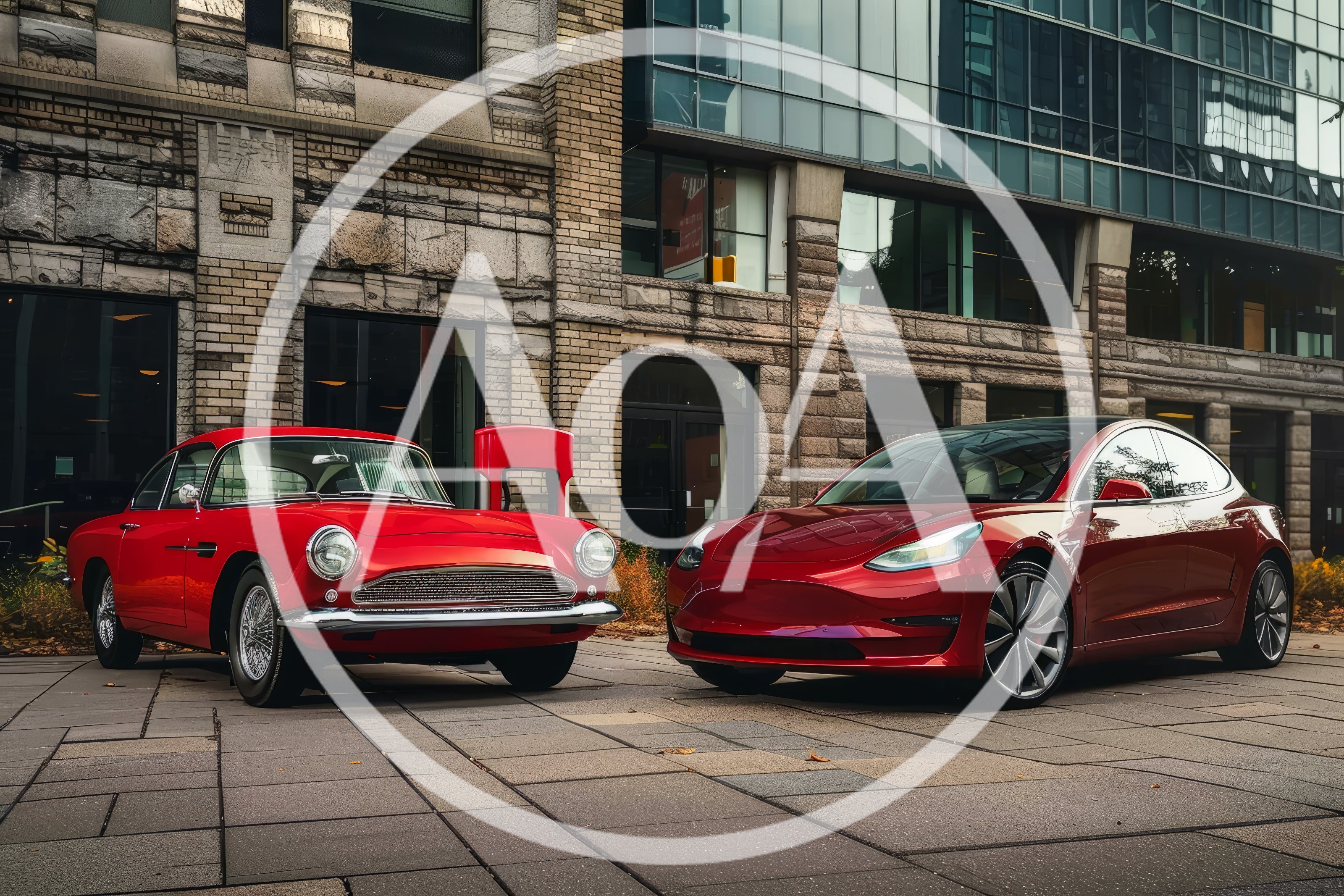 Classic And Modern Red Cars Parked On City Plaza