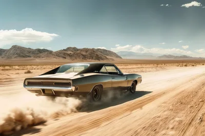 Classic Muscle Car Driving Through Desert Landscape