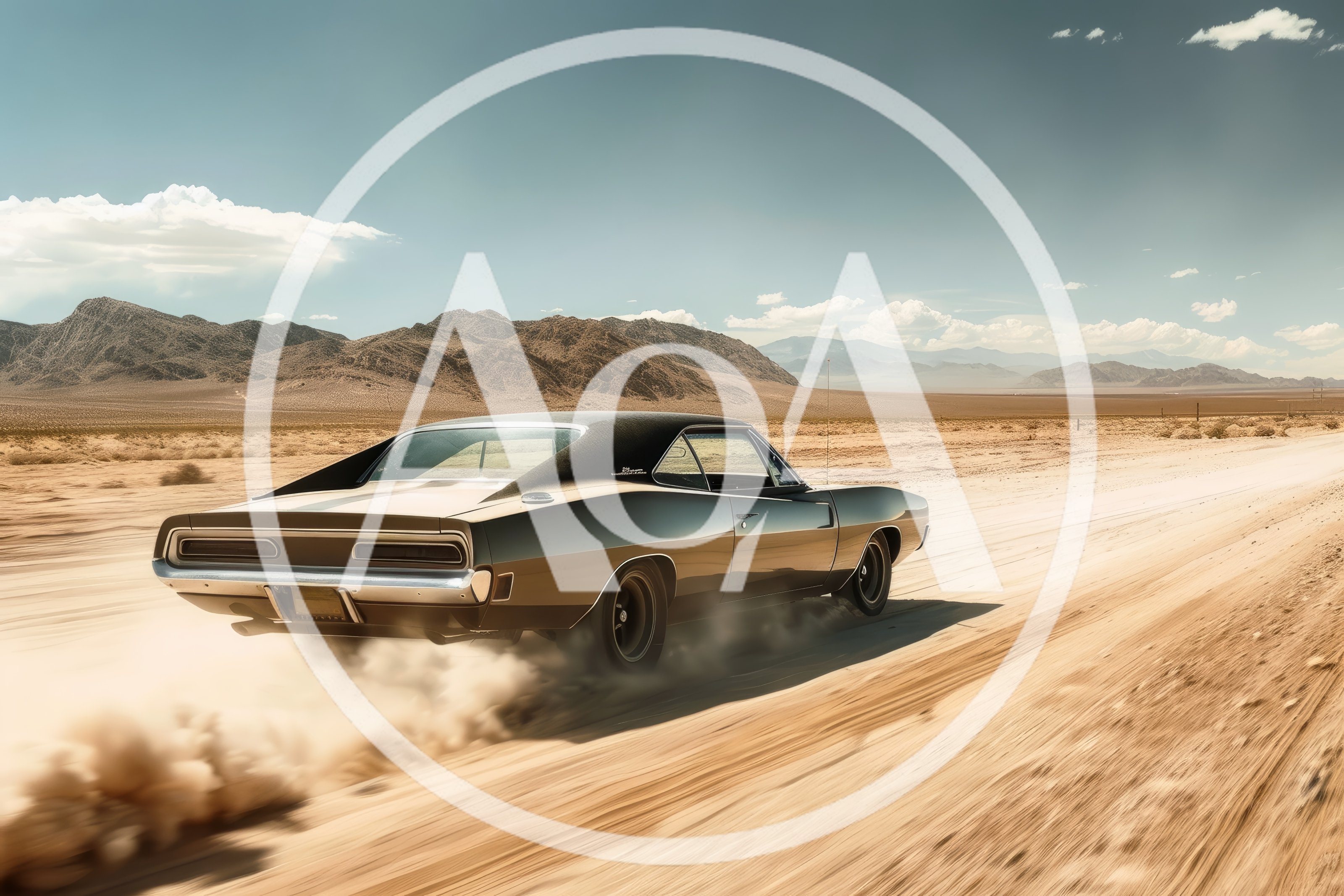 Classic Muscle Car Driving Through Desert Landscape