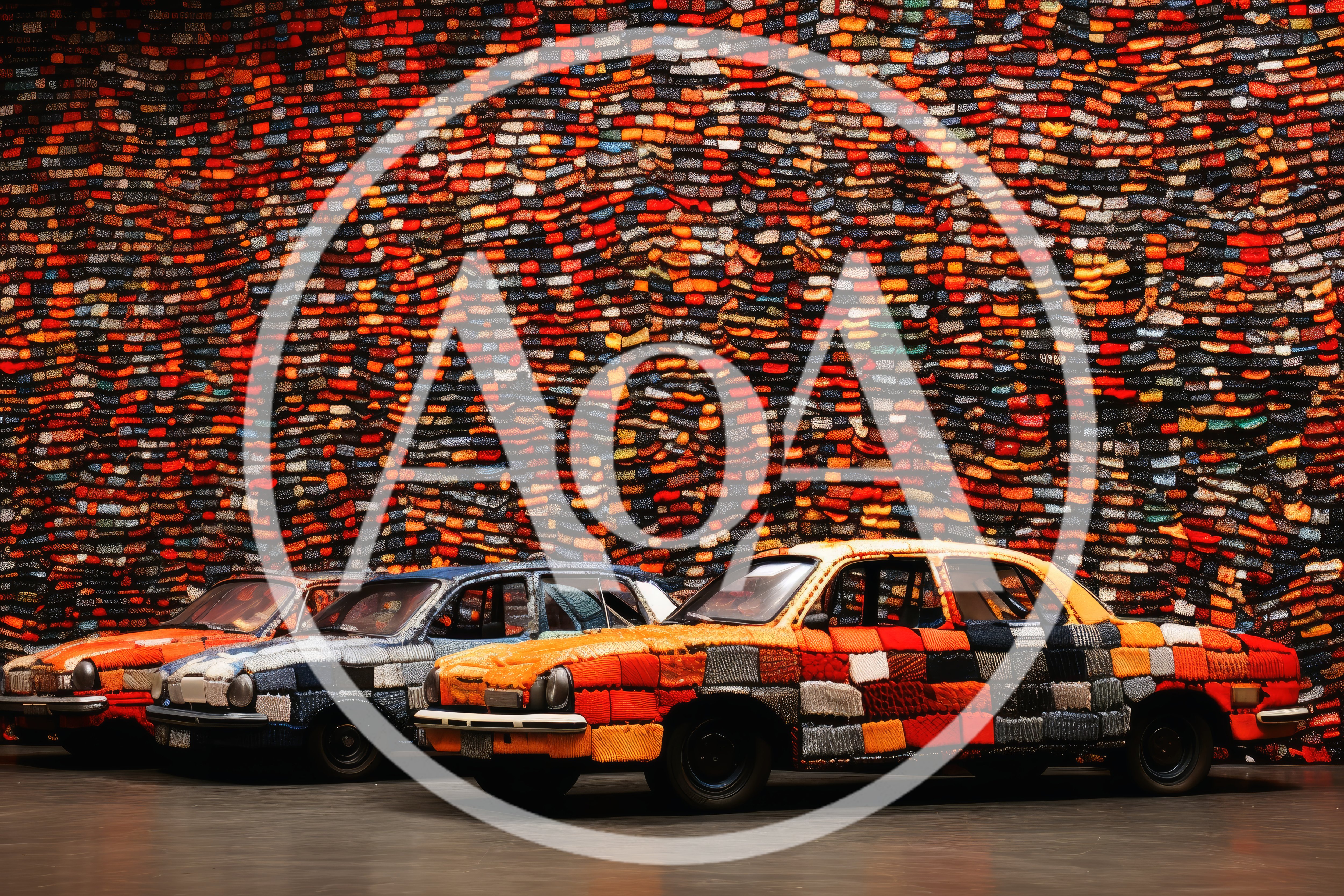 Three Vintage Cars Covered In Knitted Fabric