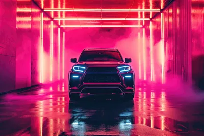 Modern SUV Parked in Neon Lit Tunnel