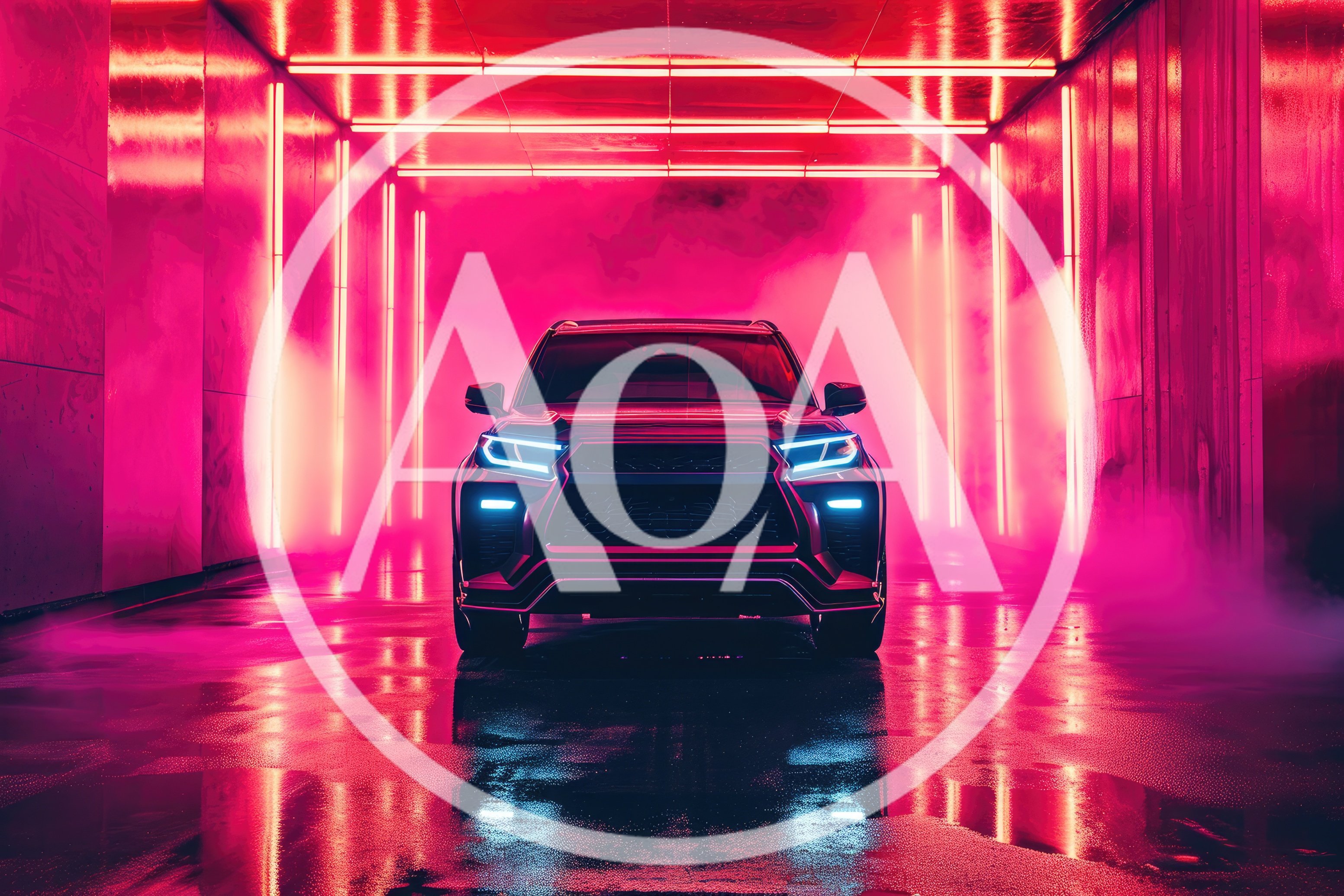 Modern SUV Parked in Neon Lit Tunnel