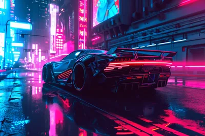 Futuristic Sports Car Parked on Neon City Street