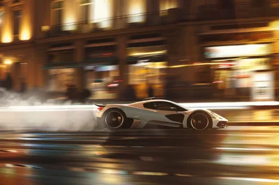 White Supercar Drifting Through City Streets At Night