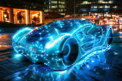 Futuristic Neon Glowing Concept Car In City Street