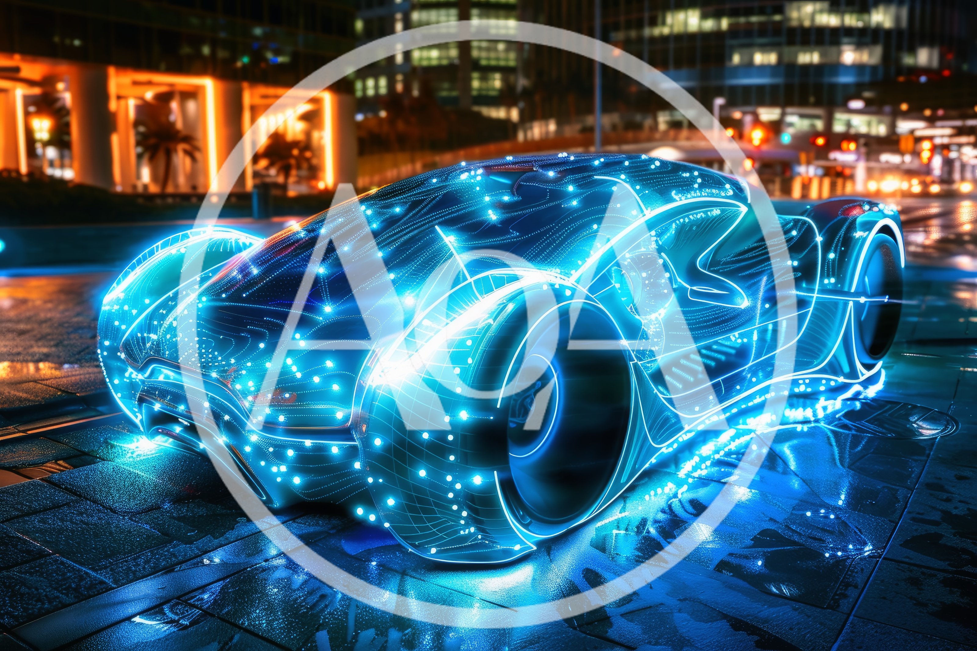 Futuristic Neon Glowing Concept Car In City Street
