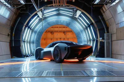 Futuristic Concept Car Inside A High Tech Wind Tunnel