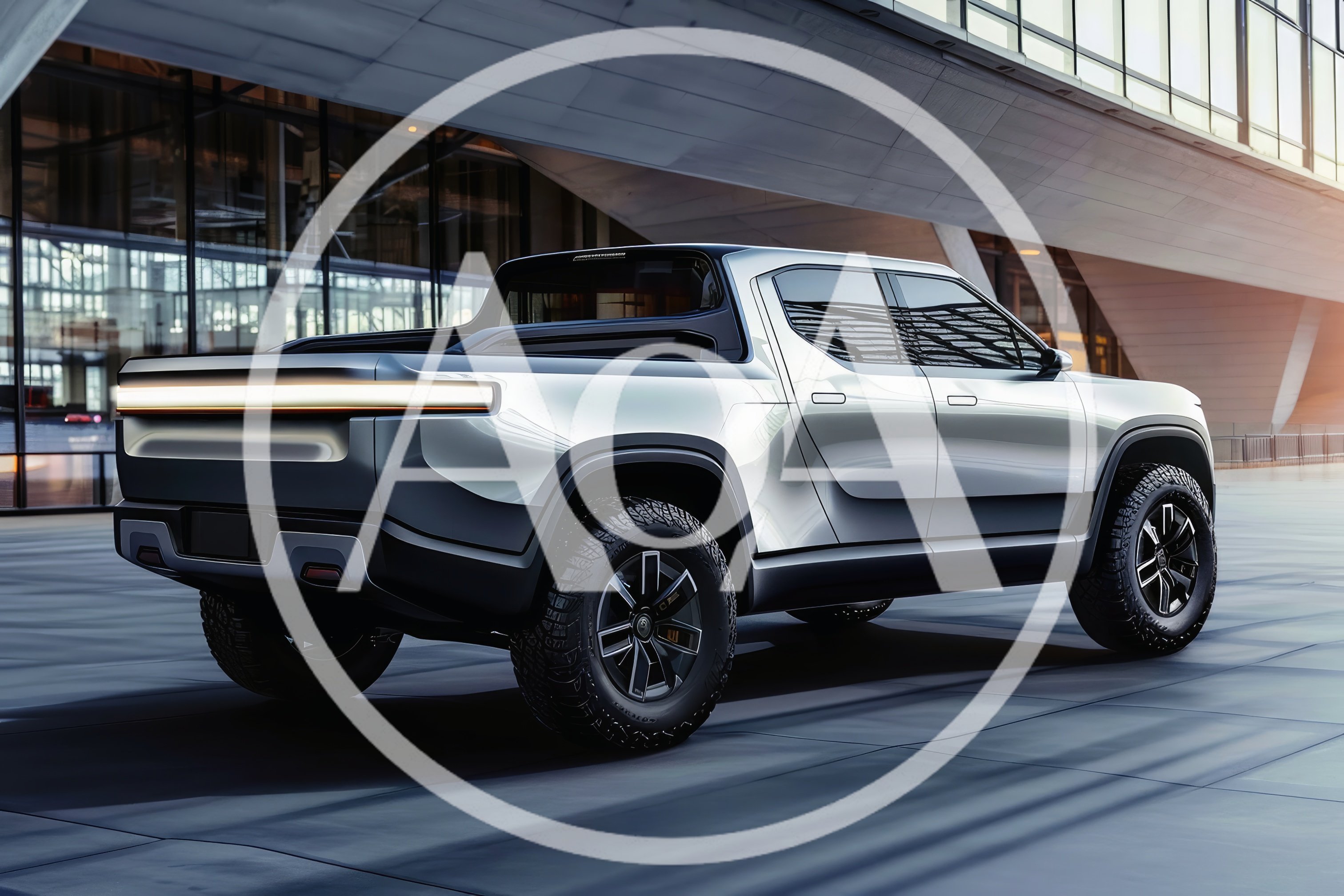 Modern Electric Pickup Truck Parked Outside Contemporary Building