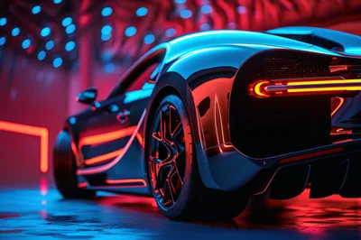 Futuristic Sports Car in Neon Lit Garage