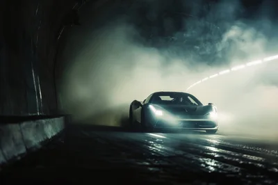 Supercar Driving Through A Foggy Tunnel