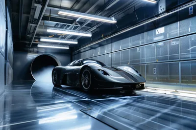 Futuristic Carbon Fiber Supercar In Wind Tunnel Testing
