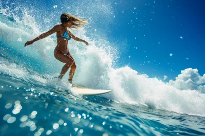 Female Surfer Riding A Wave In The Ocean