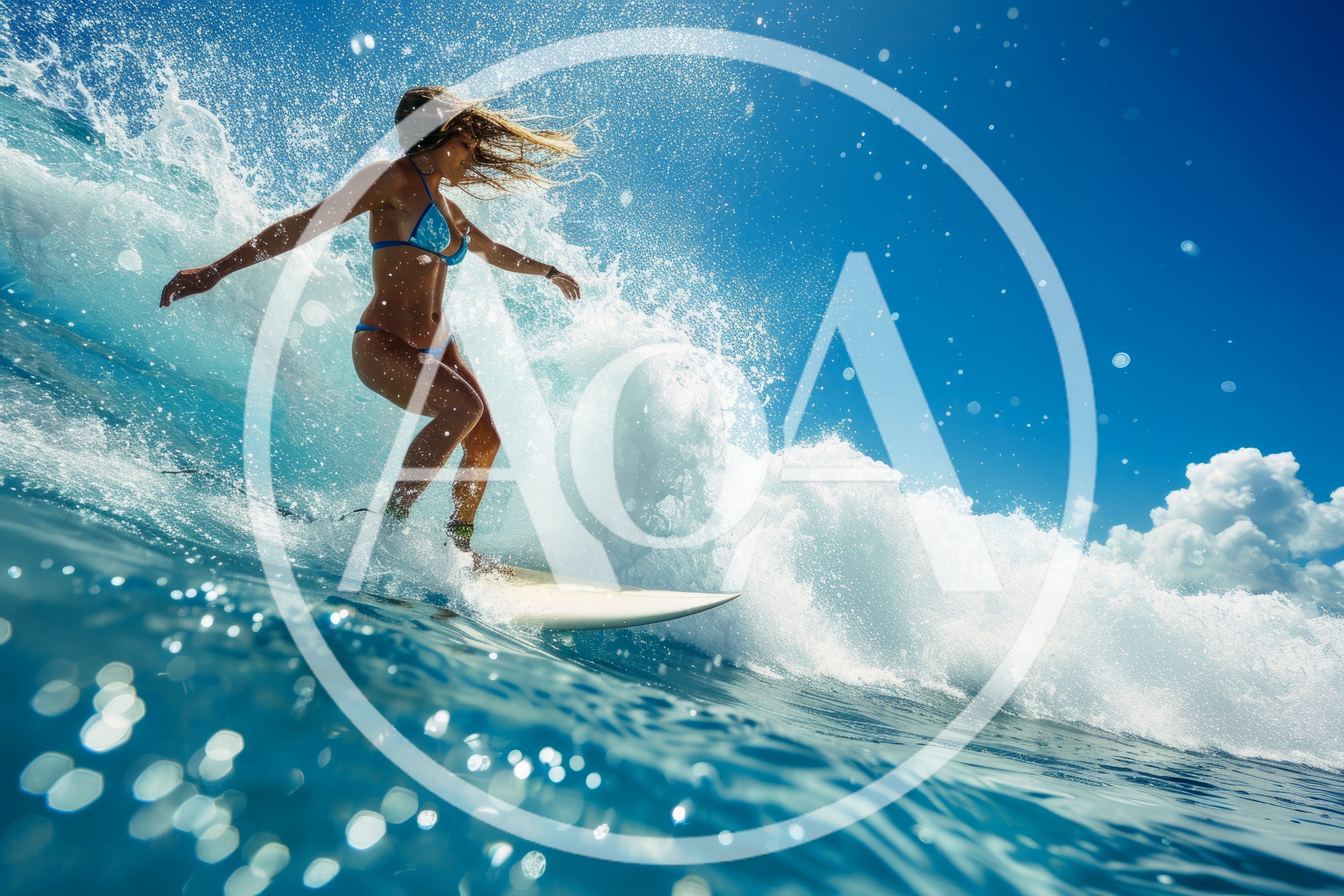Female Surfer Riding A Wave In The Ocean
