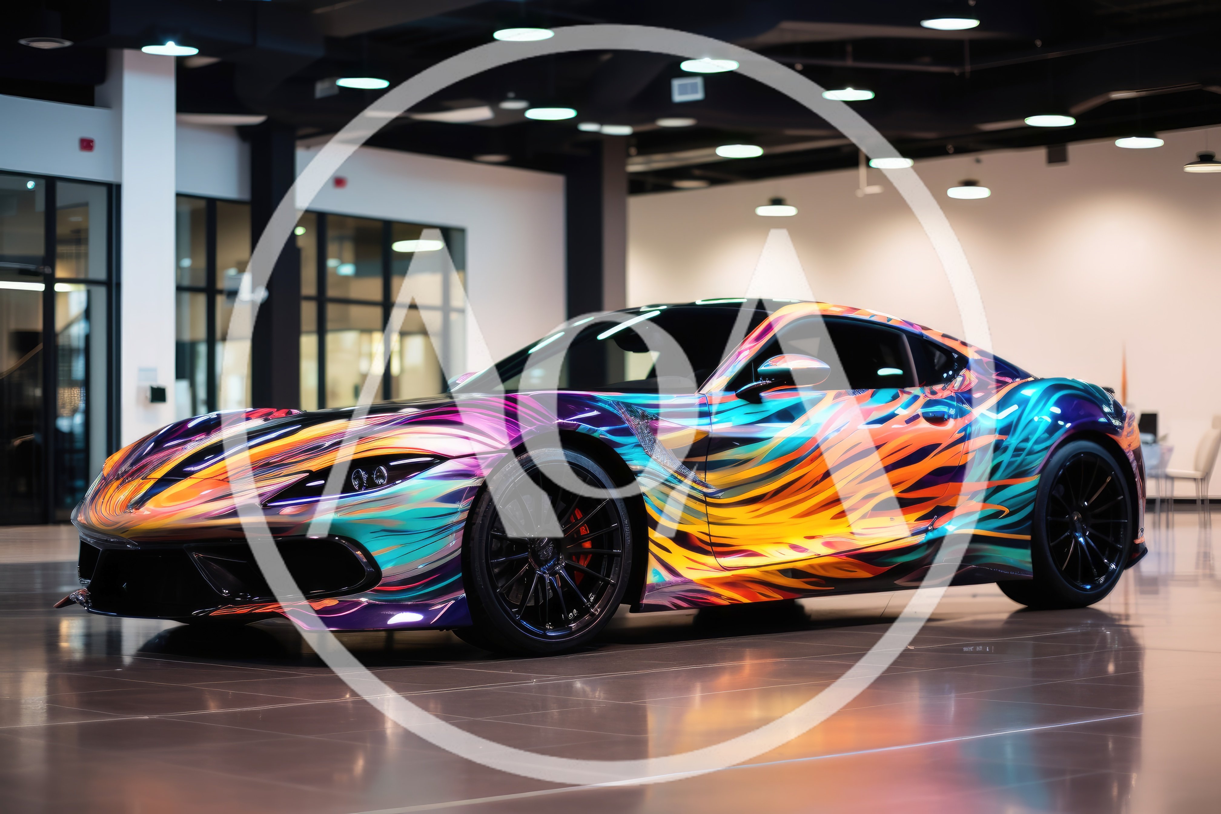 Custom Painted Sports Car In Modern Showroom
