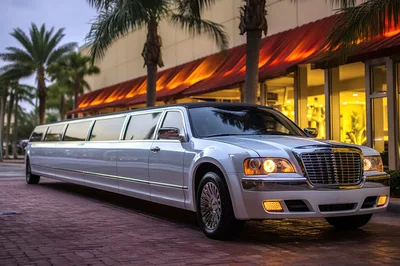 White Stretch Limousine Parked Outside Luxury Hotel