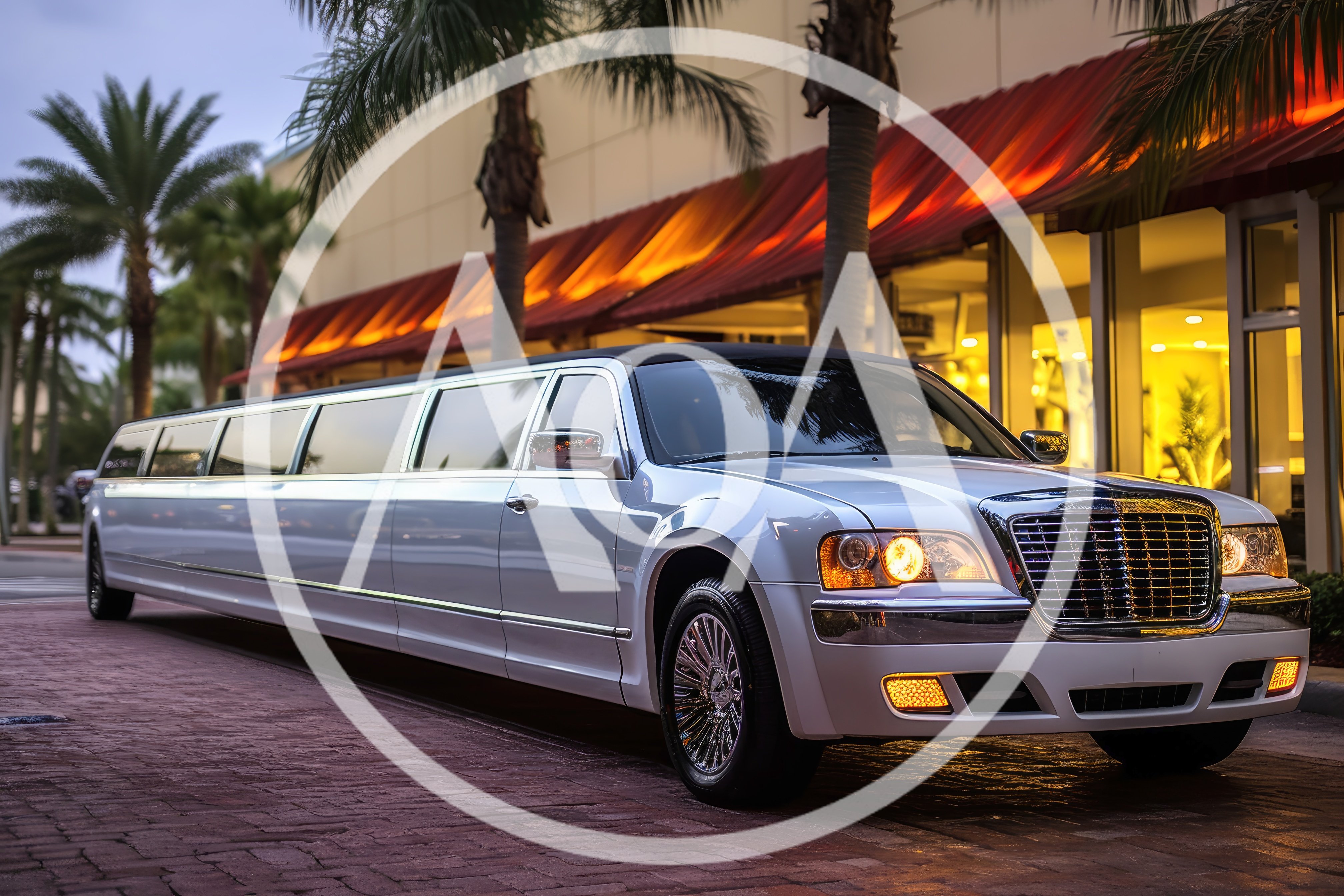 White Stretch Limousine Parked Outside Luxury Hotel