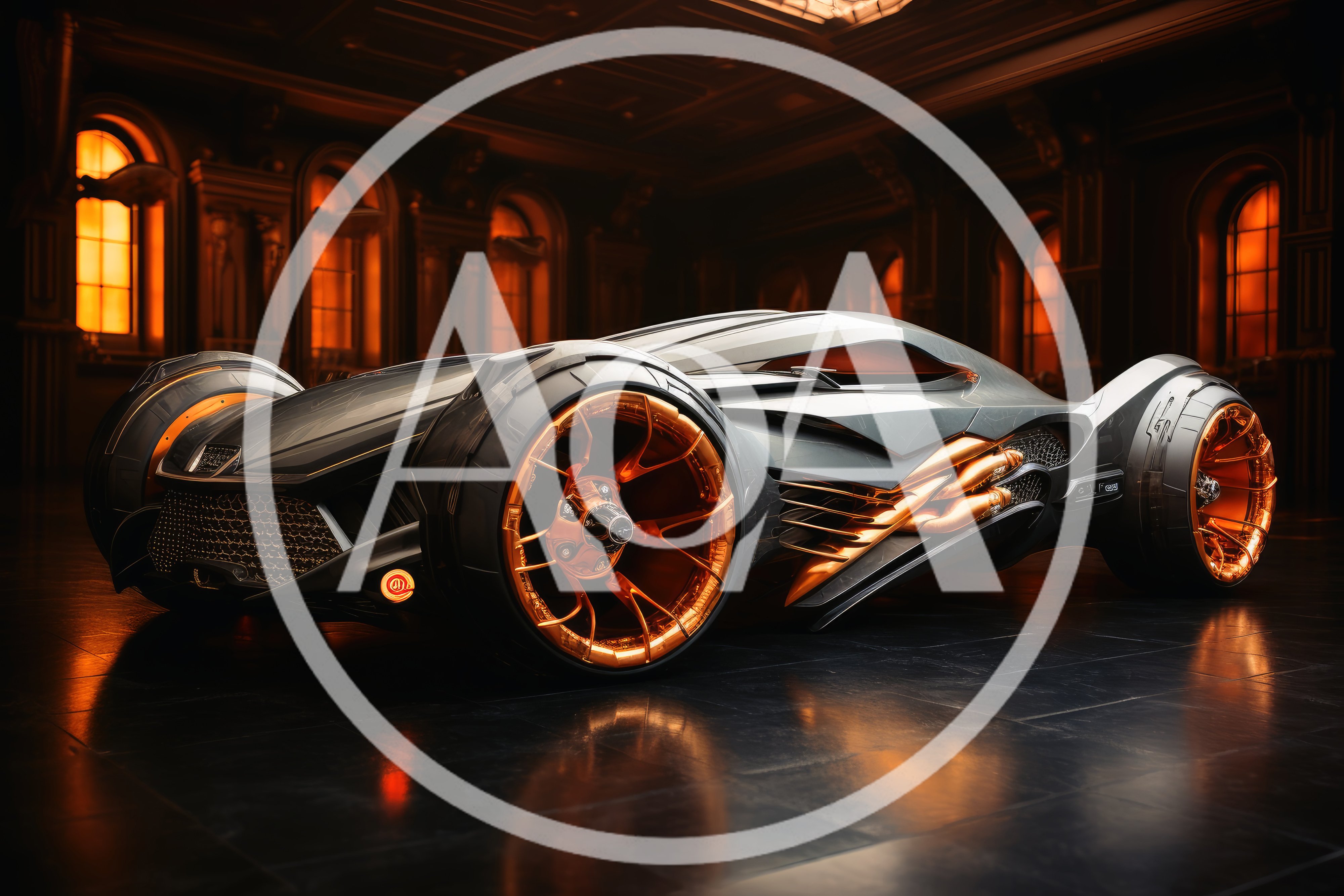 Futuristic Concept Supercar In A Dark Luxury Hall