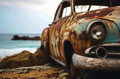 Abandoned Vintage Car On A Rocky Beach