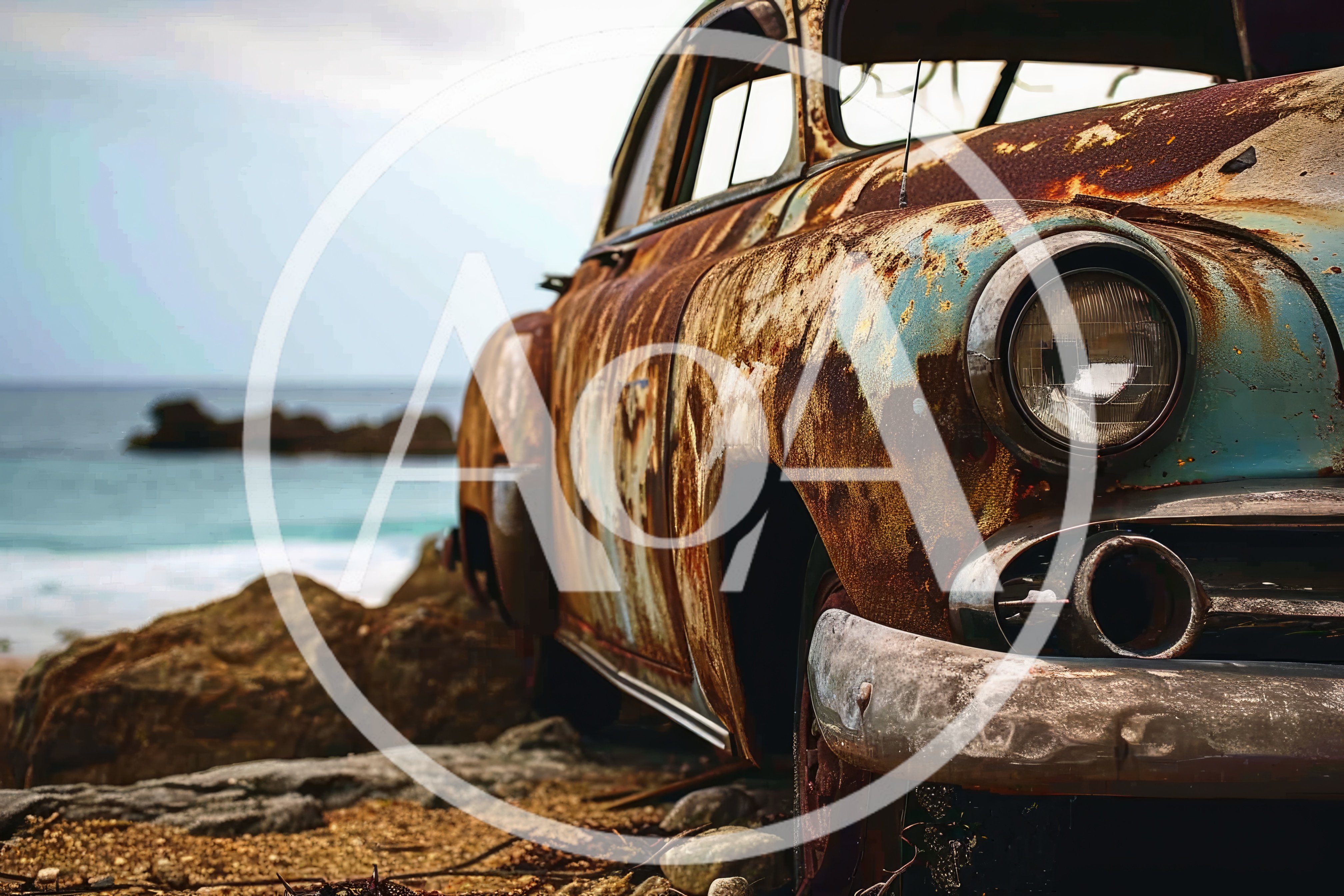 Abandoned Vintage Car On A Rocky Beach