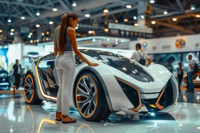 Woman Examining Futuristic Concept Car at Auto Show