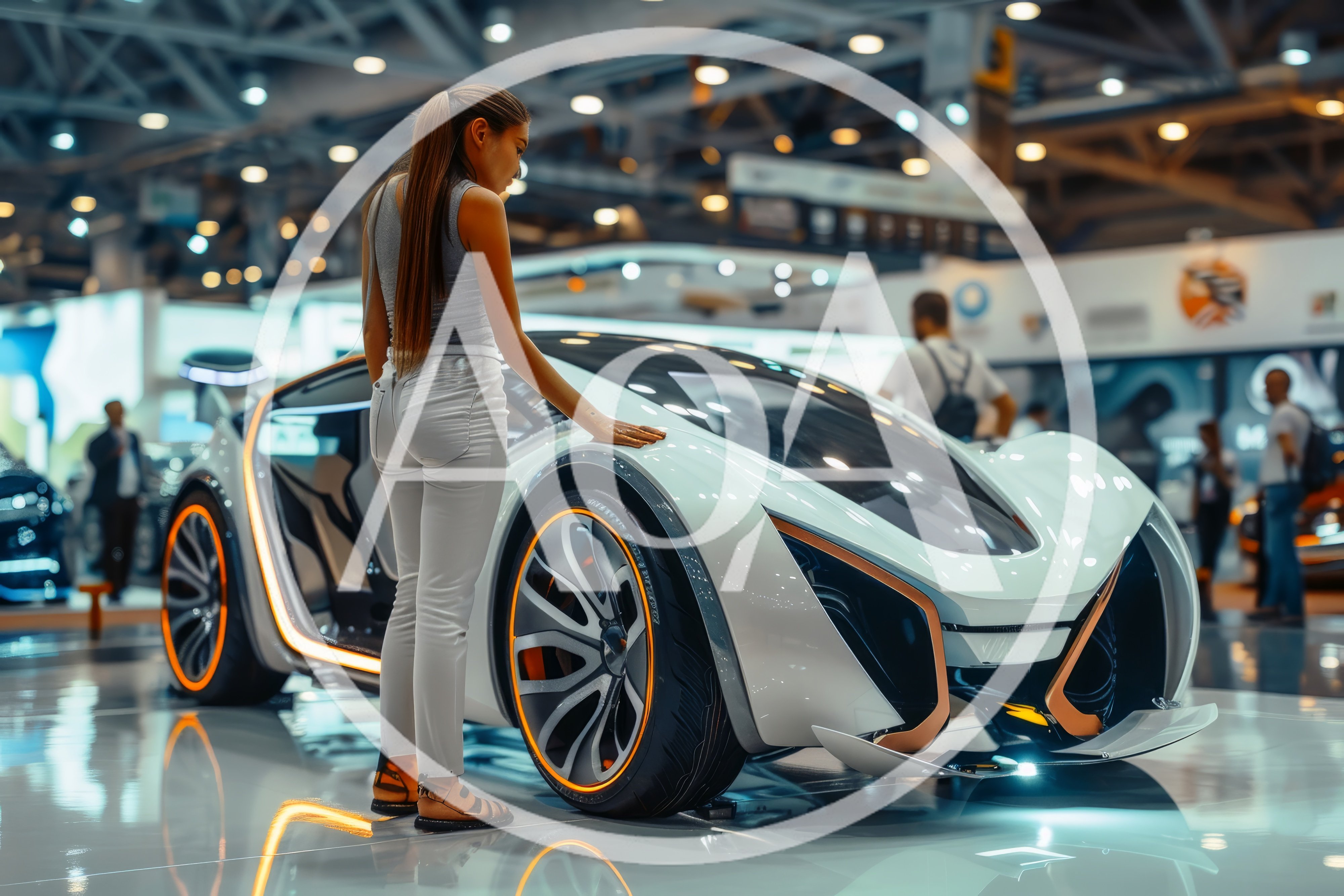Woman Examining Futuristic Concept Car at Auto Show