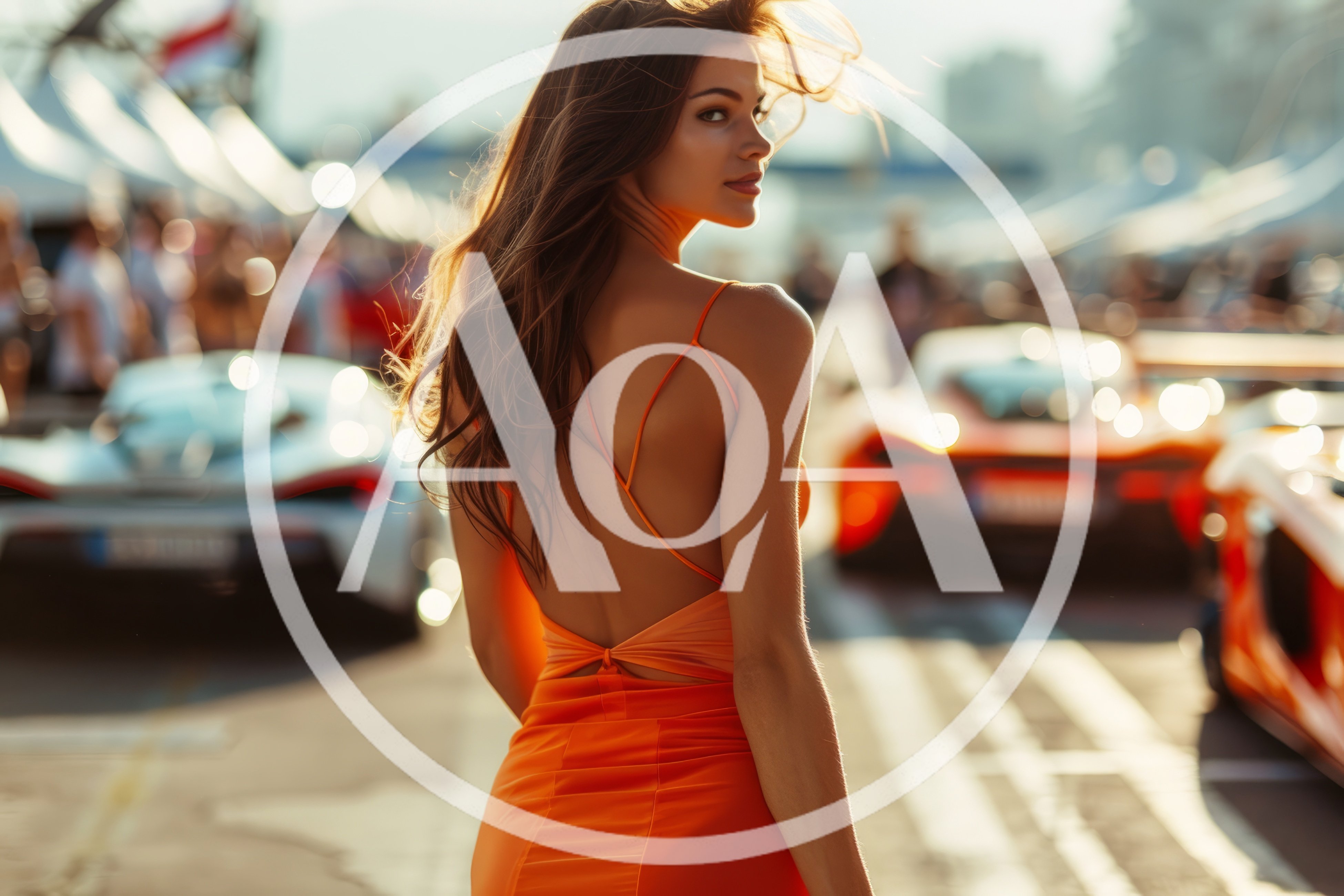 Elegant Woman In Orange Dress At Luxury Car Show