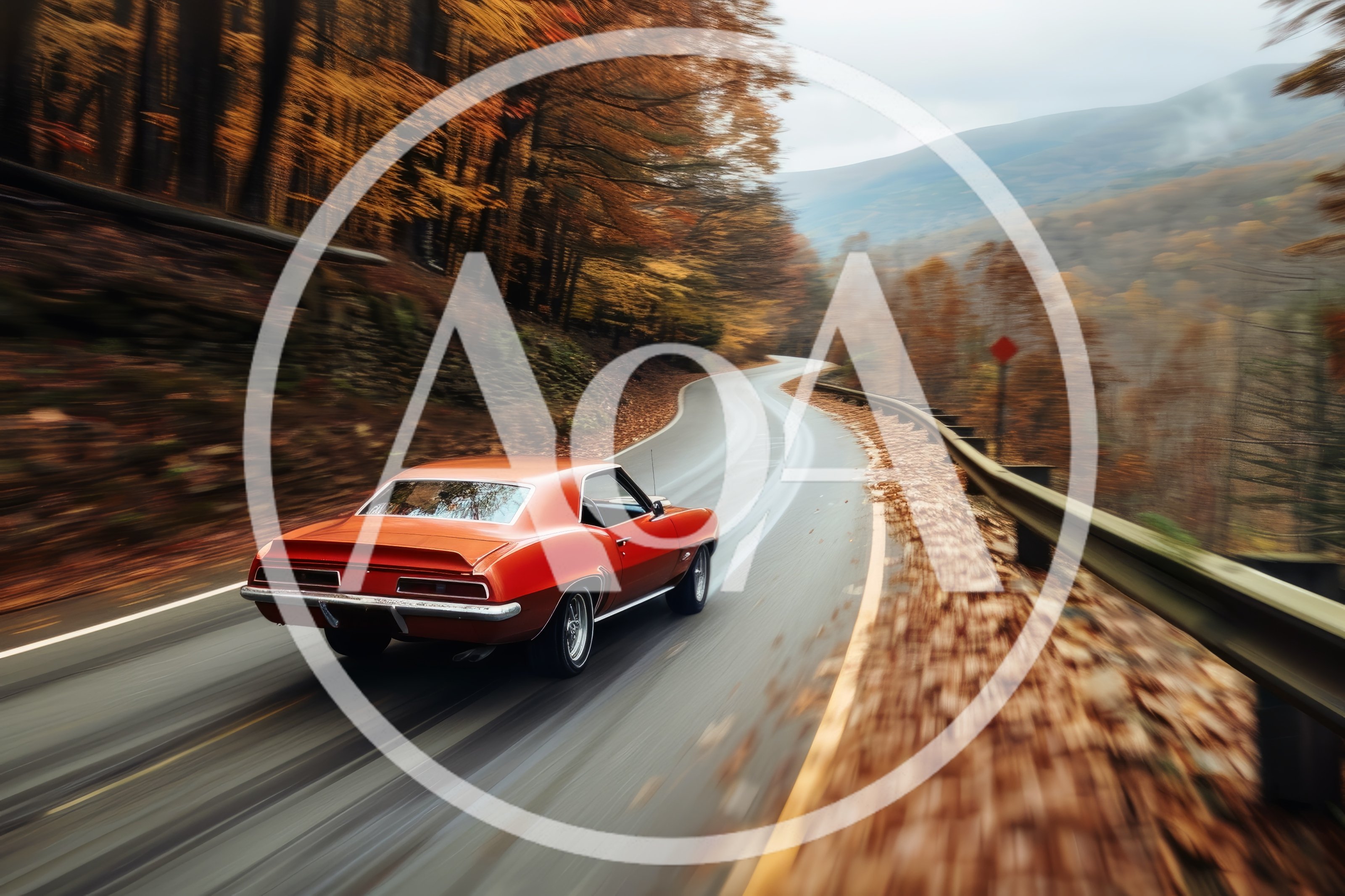 Classic Orange Muscle Car Driving On Winding Autumn Road