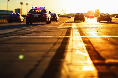 Police Patrol Cars Driving Down Highway at Sunset
