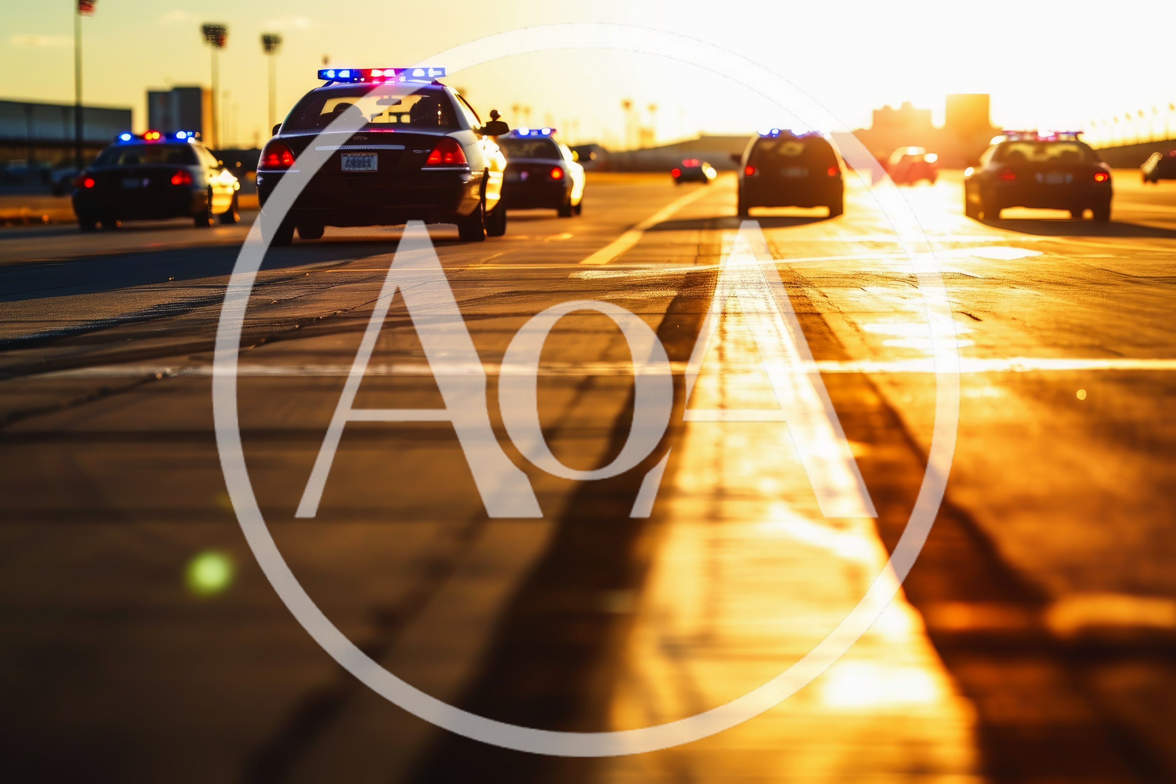 Police Patrol Cars Driving Down Highway at Sunset