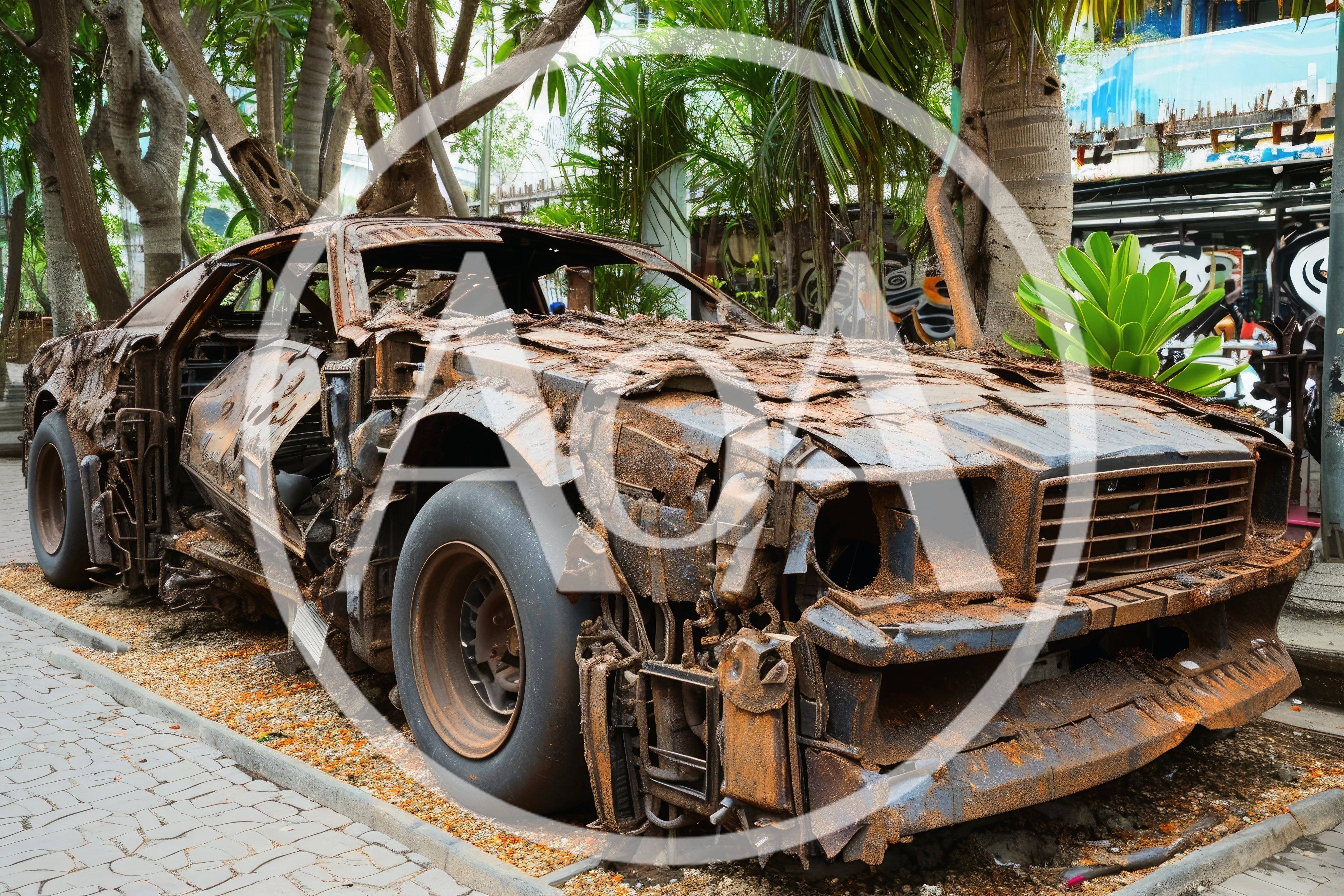 Rusted Wrecked Muscle Car Sculpture In Urban Park