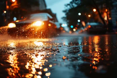 Car Driving Through Rain Puddle At Night